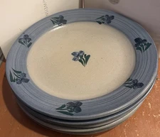 Set Of 5 ROWE POTTERY Salt Glaze 10.75" Dinner Plate Blue & Green Flower Floral