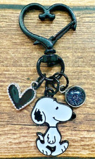 Snoopy Walking Black Heart Glitter Swivel Key Chain Backpack Tag Purse Charm RTS