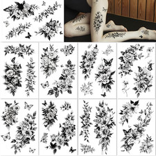 Large Flower Temporary Tattoos for Women - 33 Pcs Realistic Black Flower Rose Fa