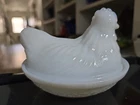 Hazel Atlas White Milk Glass Hen on Nest Mini Candy Dish Blue Ring of Fire, K