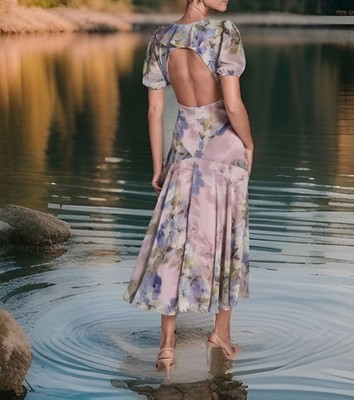 BCBG Floral Midi Dress Ruffle Backless Pink Blue Size 4 BDBH4500