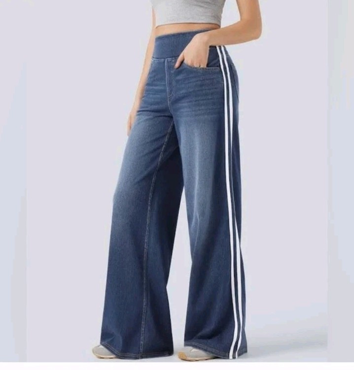 NEW HALARA wide leg side stripe flex denim jeans leggings blue XS