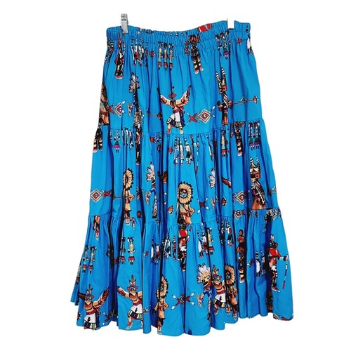 Native American print maxi skirt Kachina doll blue tiered Southwestern L/XL - Picture 1 of 5