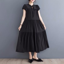 Casual Womens Elegant Round Neck Sexy Up Short Sleeves Summer Loose Long Dress