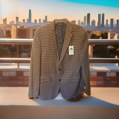 NWT Crown & Ivy Blazer Jacket Mens 42R Linen Blend Tan/Brown/Blue Motion Flex