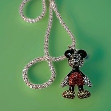 Mickey Mouse Necklace Embellished Rinestone Charm On 22" Silvertone Chain.