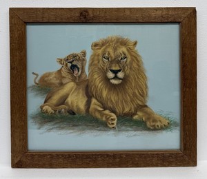 Vtg Original Wildlife African Lion & Lioness Pastel Framed Signed Art Drawing