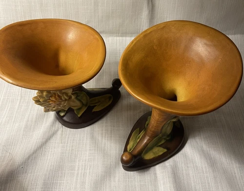 Vge '40s Roseville Cornucopia Vases Raised Water Lily Floral Design 177-6" PAIR