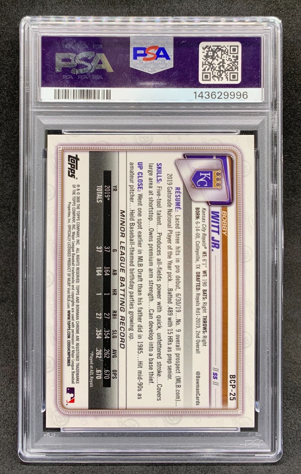 2020 Bowman Chrome BOBBY WITT Jr Mega Box Blue Refractor SP /150 #25 Mint PSA 9 view 2