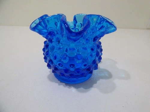 Vintage Fenton Ruby BLUE Hobnail 3" Crimped Ruffled Glass Vase
