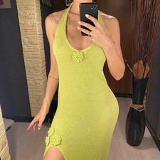 3D Flowers V Neck Backless Crochet Knitted Tunic Beach Cover Up Beach Dress