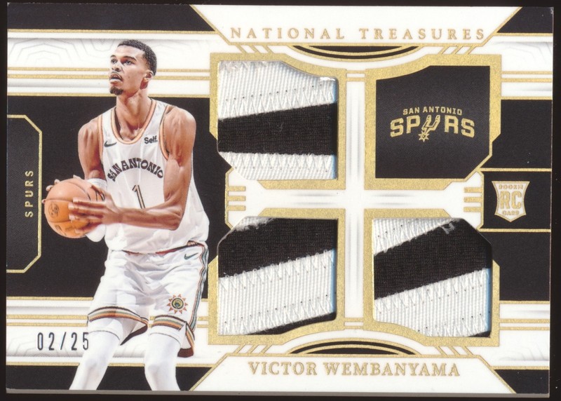 2023 NATIONAL TREASURES VICTOR WEMBANYAMA TRIPLE PATCH JERSEY GOLD ROOKIE 2/25!