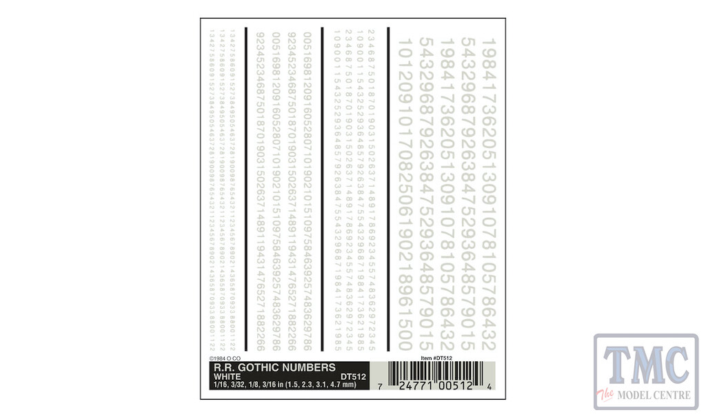 DT512 Woodland Scenics O/HO/N Scale R.R. Gothic Numbers - White