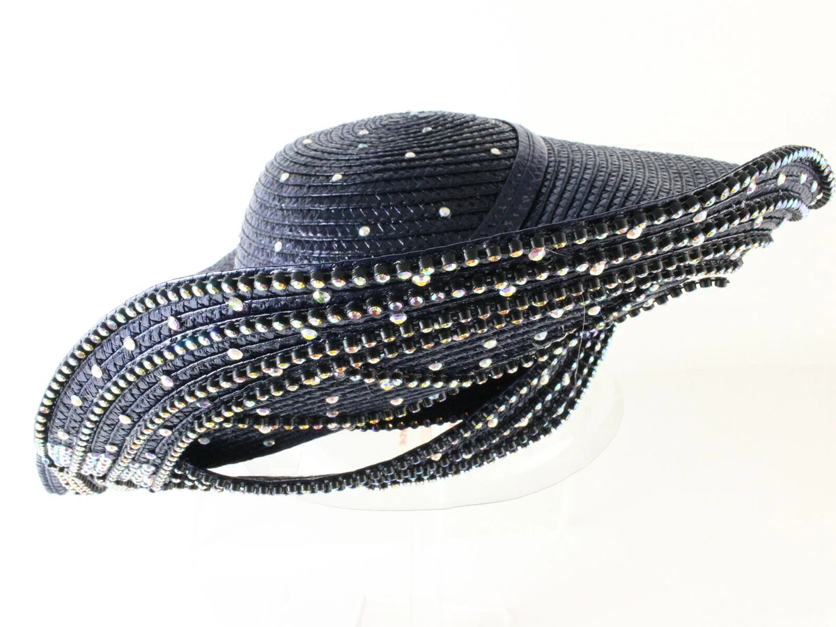 George Zamaul Ladies Boutique Navy Blue STATEMENT Hat W Rhinestones 7 1 8 57cm