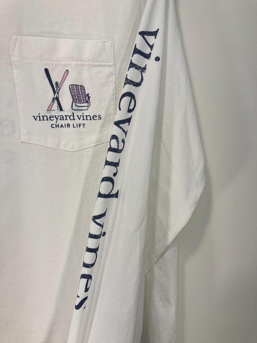 Vineyard Vines Mens White Chair Lift Logo Long Sleeve Pocket Tee