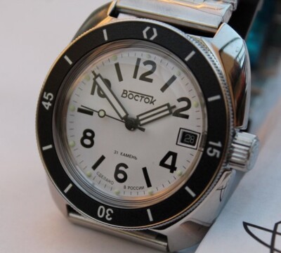 New Mens Automatic Russia Watch Vostok Amphibian 71009А White Dial