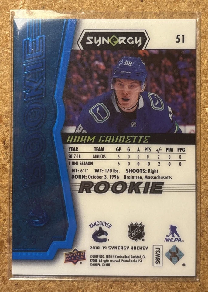 2018-19 Upper Deck Synergy Rookies Blue Adam Gaudette #51    031/799 - Image 2 of 2