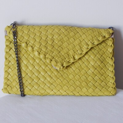 Falor Firenze Leather Hand Woven Flap Chain Crossbody Clutch Lime Bag Italy NWT