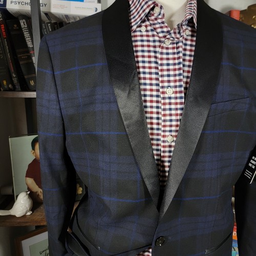 Express Men's Dinner Jacket Single Button Black Navy Plaid Twill Poly 44R SLIM - Picture 5 of 14