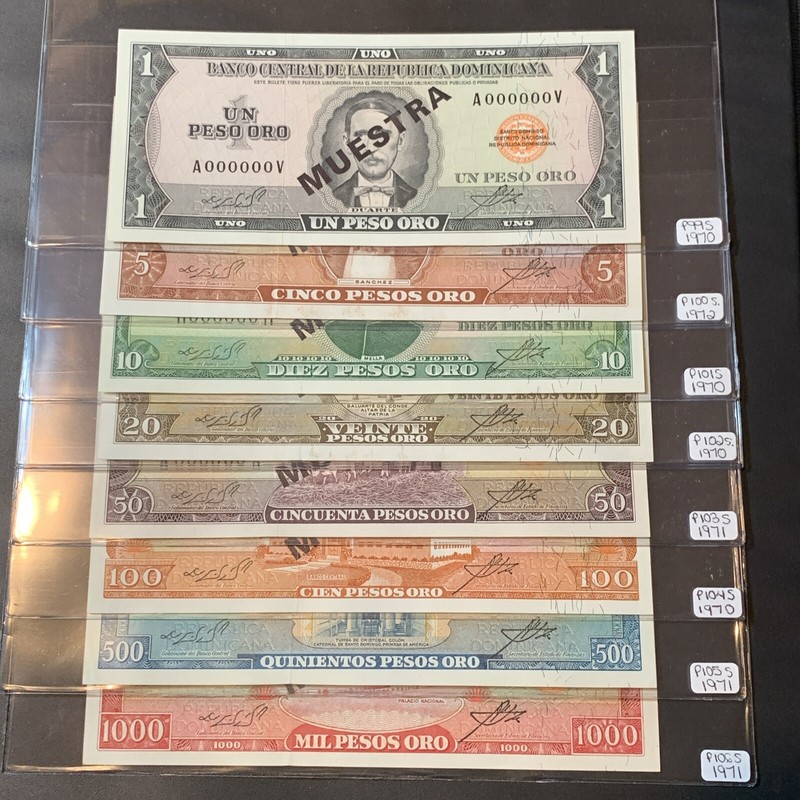 Dominican Republic 1 - 1000 Pesos 1970-72 "MUESTRA"  Matching Signature Set Of 8