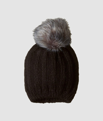 $498 Hat Attack Women's Black Mohair Faux-Fur Ribbed Knit Pompom Beanie Cap OS