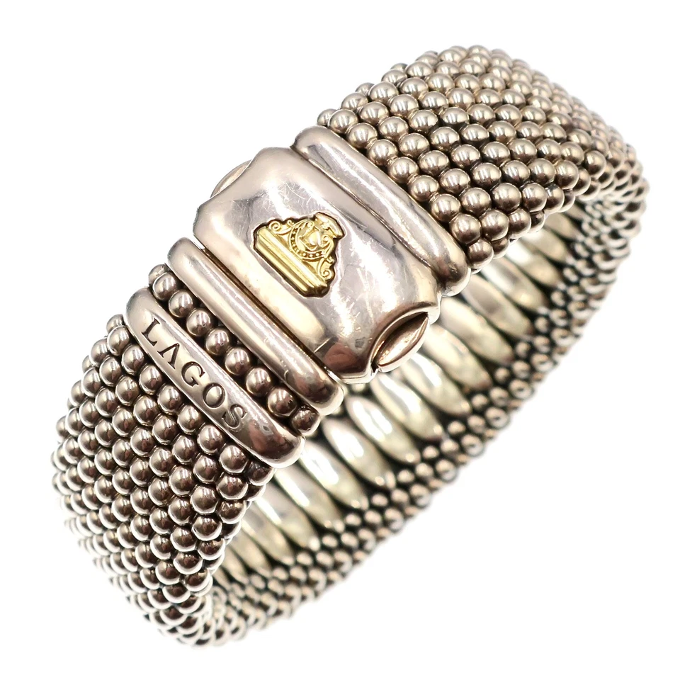 Pulsera LAGOS Caviar Plata de Ley y 18k 7-1/4 pulgadas XXL 23mm Ancho con Bolsa Foto 2 de 4