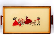 Vintage Wooden Serving Tray Art Under Glass Folk Art Scene Ladies Driving Cart