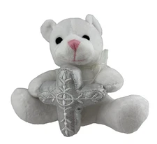Plush/Stuffed Animal Amscam White Bear w/Silver Cross Small