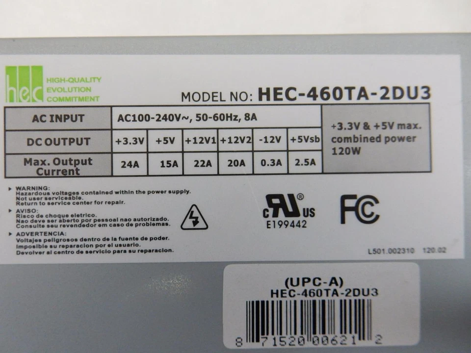 HEC Group HEC-460TA-2DU3 460w Single 3U Rear Mount Server Power Supply 20+4Pin - Image 2 of 3