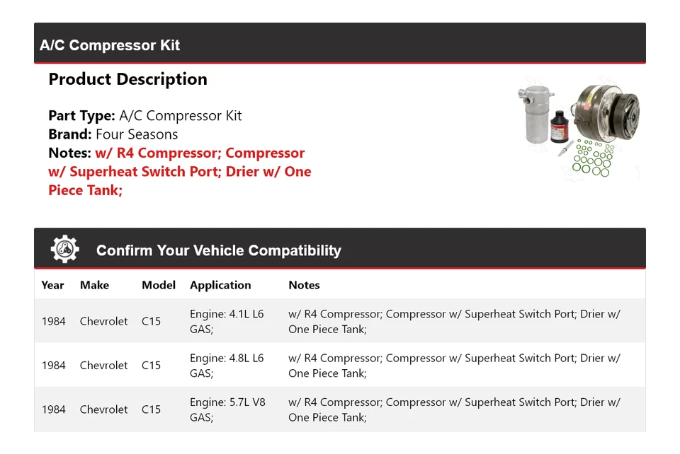 Kit de compresor de aire acondicionado para Chevrolet C15 1984 4 estaciones Foto 2 de 4