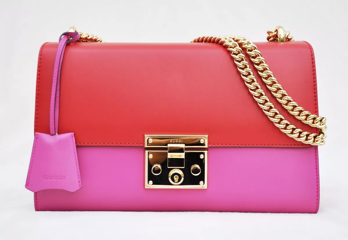 Gucci Linea C Leather Borsa Padlock Medium GG Shoulder Bag,Red/Pink, MSRP  $2,490