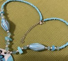 Vntg Disc Medallion Hand Painted Mother of Pearl Pendant Necklace Blue GlasBeads — photo 4