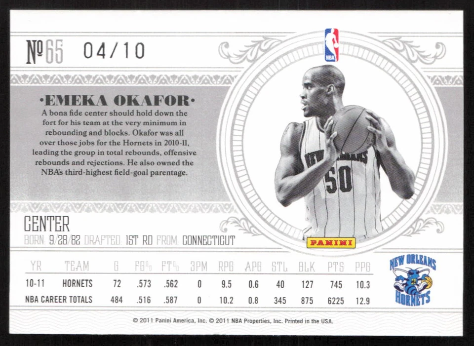 2010-11 Playoff National Treasures Century Silver #/10 Emeka Okafor #65 Hornets Foto 2 de 2