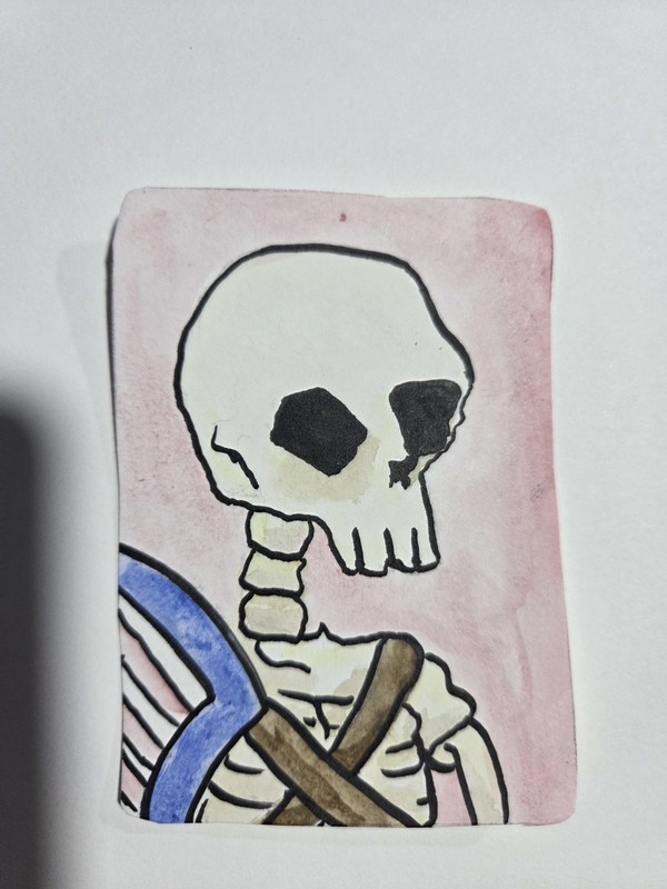 ACEO Original Watercolor Skeleton Warrior Fantasy Art