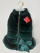 New Christmas Dog Pet Costume Holiday Green Velvet Outfit Zipper Ribbon Medium