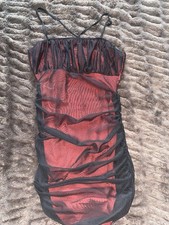 SHEIN Red & Black Mesh Ruched Straight Neck Spaghetti Strap Bodycon Mini M