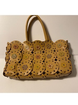 ESPRIT Medium Boho Faux Leather Purse Tan Floral Circles with Rivets. Beach bag