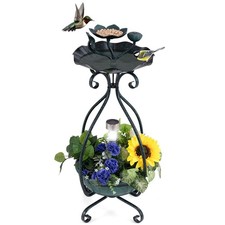 Solar Outdoor Bird Bath Feeder Combo w/ Flower Planter Pedestal Solar Lights