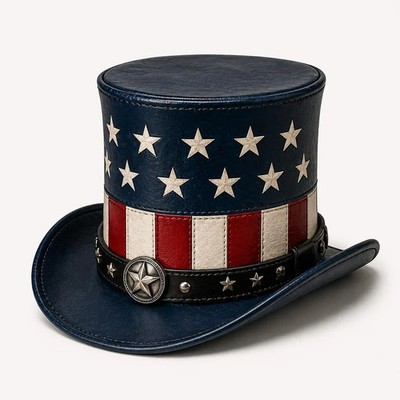 Patriotic Leather Top Hat: Stars Stripes Western Rodeo Style