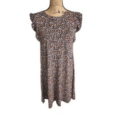 Loft Floral Ruffle Sleeve Shift Dress Black Orange White Casual Cute Size XS