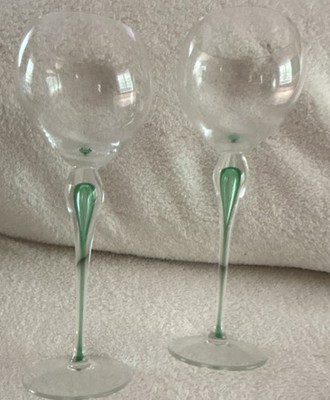 Studio Nova Clear & Green Tear Drop Decorated Stemmed Wine Glasses Set of 2 9 in