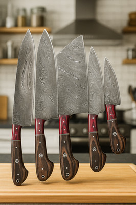 Handgemachtes Damaststahl-Kochmesser-Set 5-tlg. Küchenmesser-Set Lederbezug