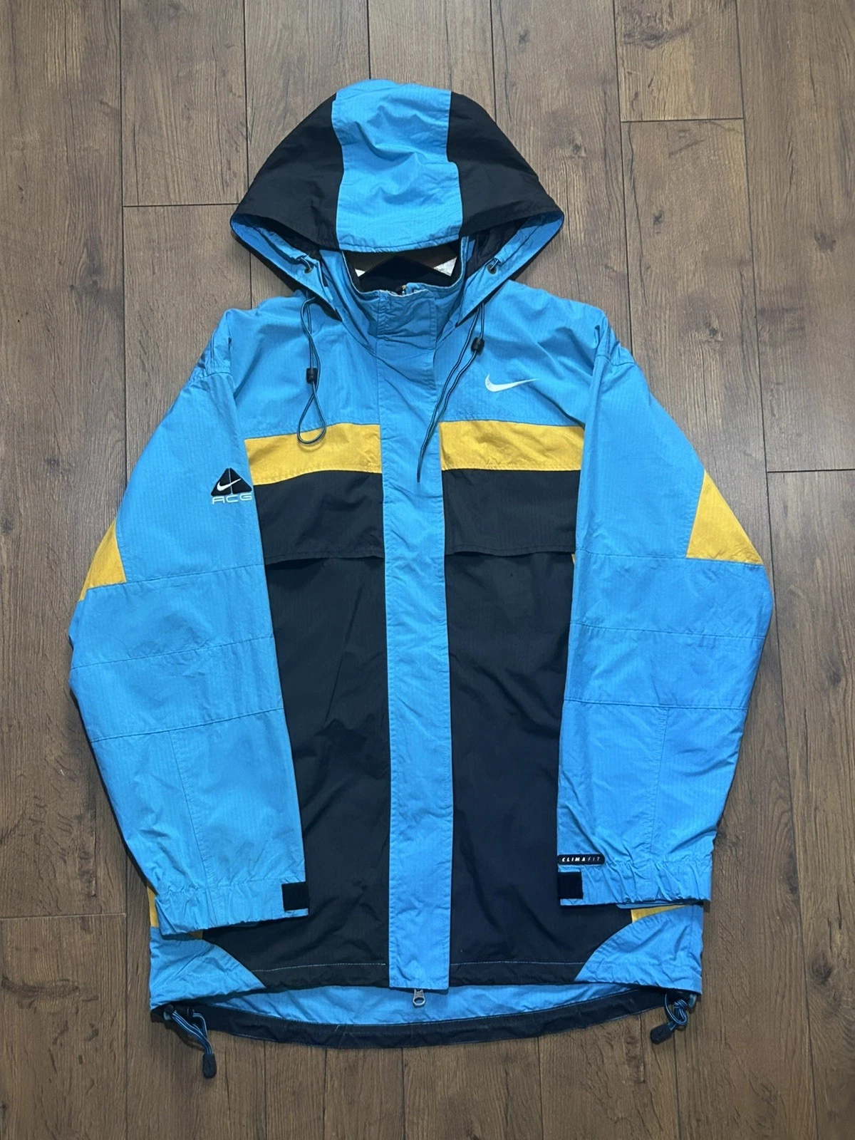 Nike ACG Jacket Adults Medium Blue Yellow Clima Fit Full Zip Hooded WindBreaker