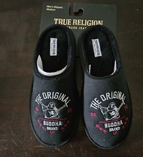 True Religion Men's Low Back Slippers Sz. M 9-10 Black w/ Buddha Logo