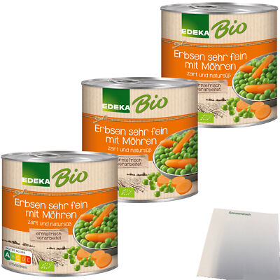 Edeka Bio Erbsen mit Möhrchen zart und natursüß 3er Pack 3x400g Dose usy Block