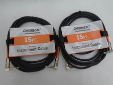 LOT TWO NEW CHROMACAST 15' GUITAR BASS INSTRUMENT CABLES 1/4" RIGHT ANGLE ORANGE