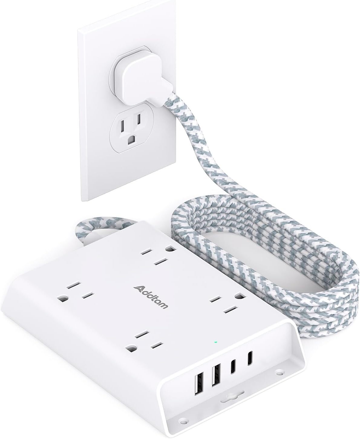Surge Protector Power Strip, Addtam 5 ft Flat Plug Extension Cord 5 FT, White-image
