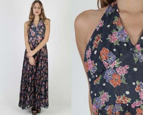 Vintage 70s Bouquet Floral Dress Halter 