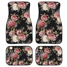 Dark Vintage Floral Flowers Print Car Floor Mats Set of 4,Seamless Floral Pat...