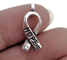 Charm, 12 Antiqued Silver 7x18mm HOPE Awareness Ribbon Charms